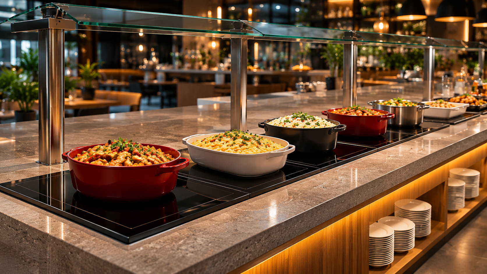 Linha de buffet com panelas sobre vidros térmicos